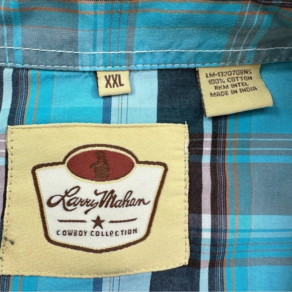 Larry Mahan Western Shirt XXL Blue Pearl Snap Plaid Short Sleeve Cowboy - Picture 4 of 8